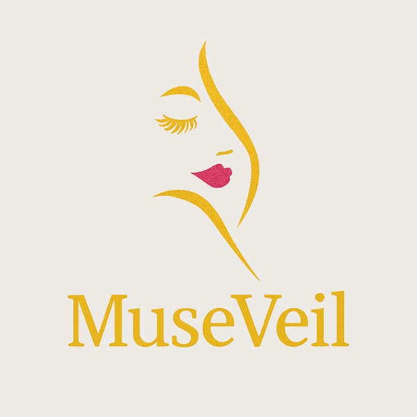 Logo of MuseVeil with a stylized face design on a beige background